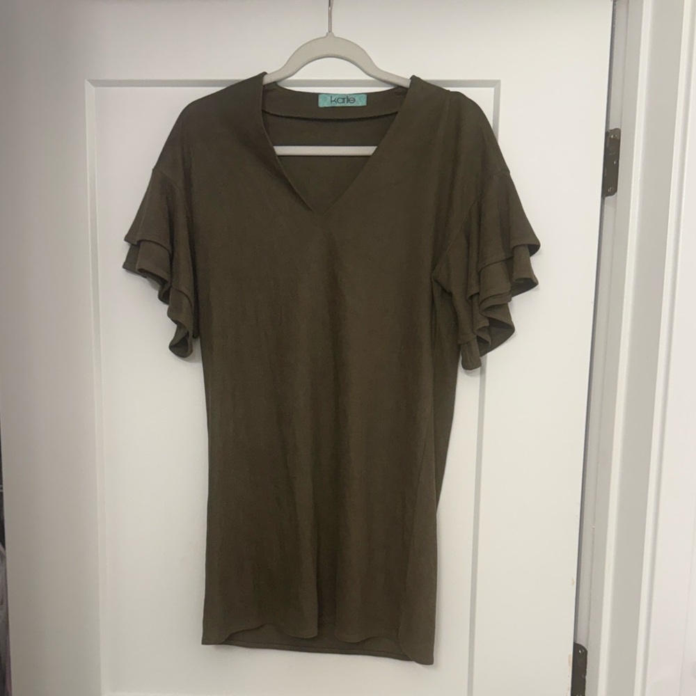 Olive Suede Ruffle Sleeve Mini Dress